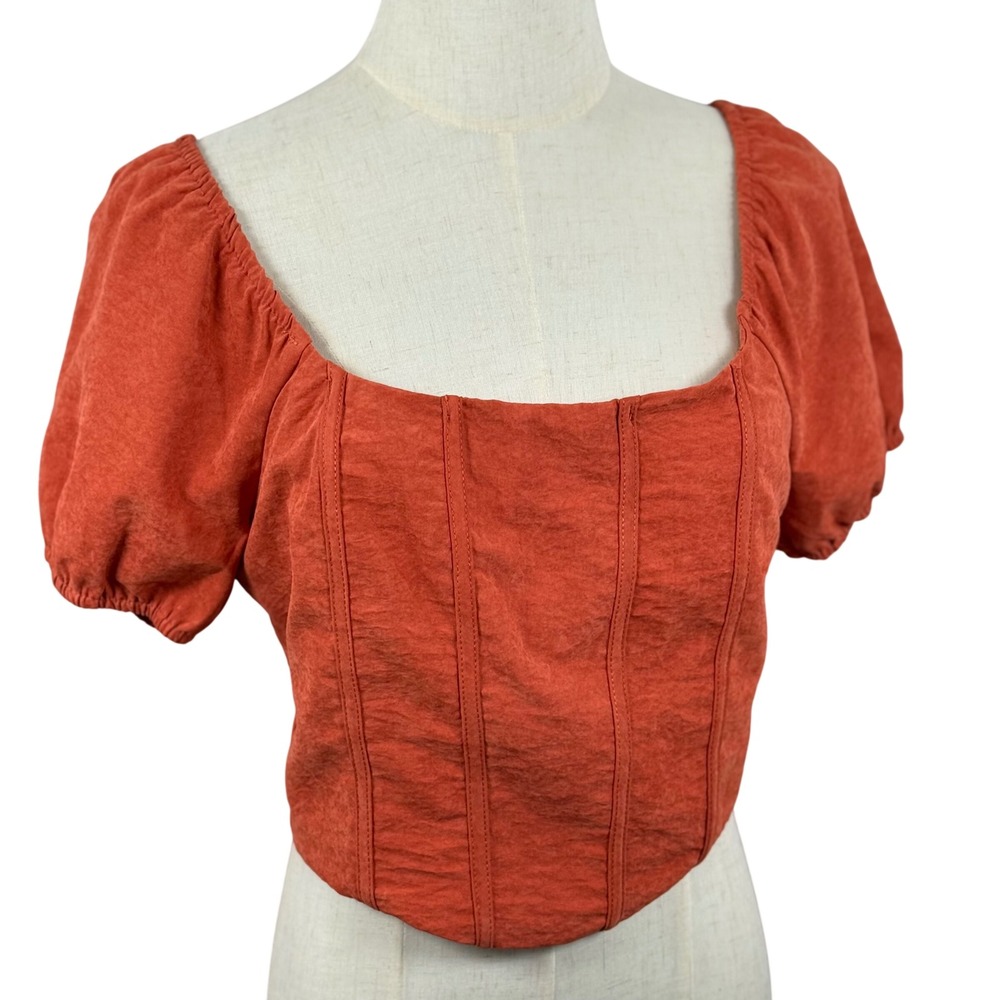 Kirious L Corset Crop Top Puff Sleeve Smocked Back Milkmaid Prairie Renaissance
